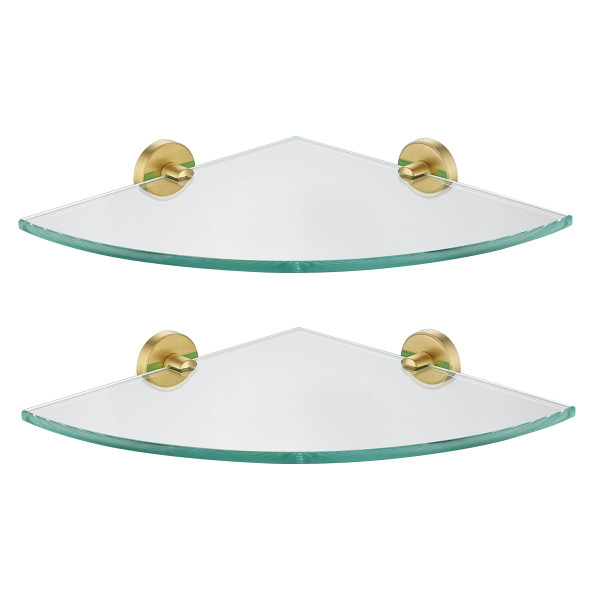 JQK Corner Glass Shelf, Brushed Gold Bathroom 304 Stainless Steel Shower Triangle Floating Wall Shelf, 10 x 10 Tempered Glass, 2 Pack TGS190L10-BG-P2