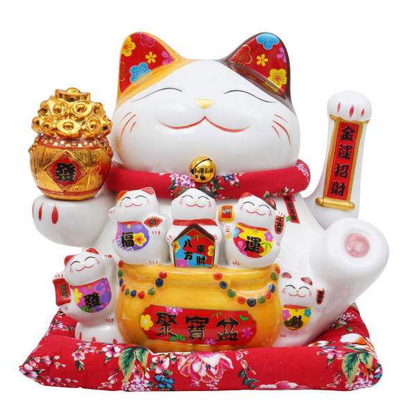 Nisorpa 11" Ceramic Lucky Cat Waving Arm with Auto-Swing Plastic Arm