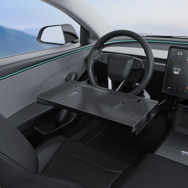 2-in-1 Car Steering Wheel Desk Tray & Slim Seat Gap Filler Organizer, Foldable Car Table for Eating Working, Carbon Fiber Car Laptop Tray & Seat Organizer for Car SUV Truck