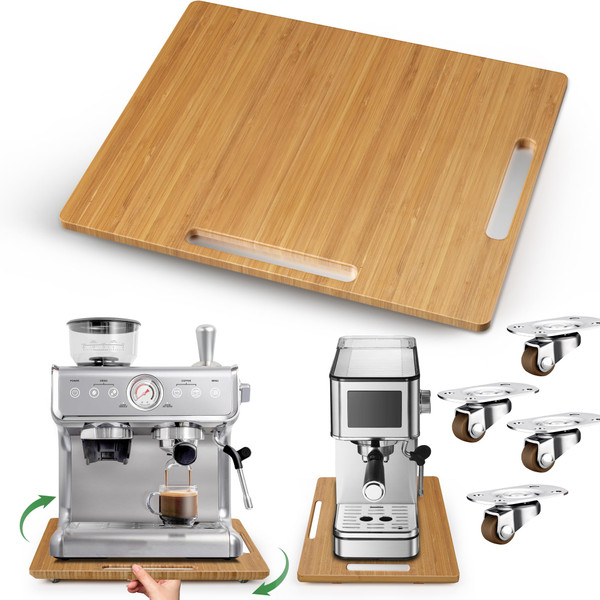 Joy&Grace Appliance Slider for Kitchen Appliances 360° Rolling Sliding Tray for Coffee Maker Countertop, Bamboo Coffee Pot Slider Rolling Tray with Universal Rollers (Natural, Large 16"x13")