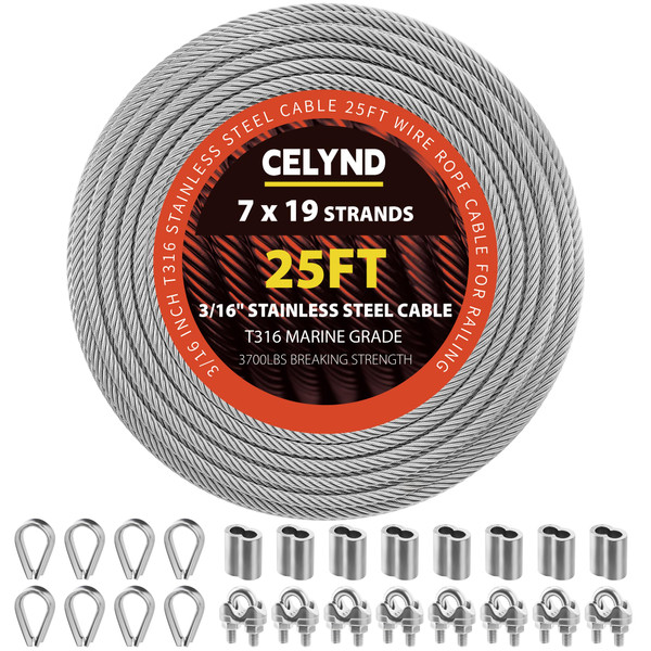CELYND Stainless Steel Cable for Railing - 25FT 3/16" T316 Wire Rope