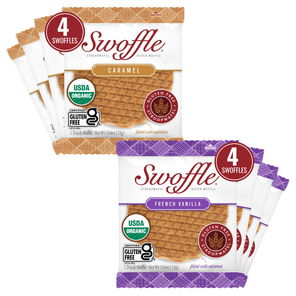 Gluten Free Certified Organic Stroopwafels by Swoffle - Caramel Filled & French Vanilla | (8) Individually Wrapped Waffles, (4) of Each Flavor | 1.16oz Wafers | non-GMO, Wheat Free, Kosher, Soy Free, and Nut Free!