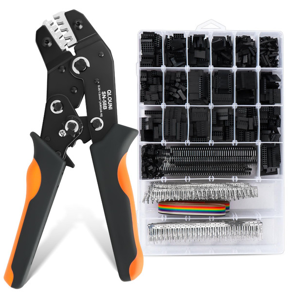 Dupont Crimping Tool Kit, 2870 PCS 2.54mm Connector Assortment, SN-58B Ratcheting Wire Crimper AWG 24–16 (0.25–1.5mm²), 1–10 Pin & 2×2–2×9 Housings, 40-Pin Headers, Jumper Caps & Ribbon Cable