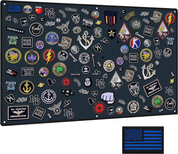IronSeals Tactical Board Patch Organizer Holder Display with Loop Surface, Steel Ring and Flag Patch (L: 110 x 70 CM/ 43" x 27.5", Navy Blue + Flag Patch)