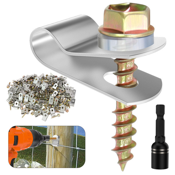 200 PCS T304 Stainless Steel Wire Fence Clips, Fasteners Post Screw with Wire Fixer, Agricultural Fencing Fence Wire Clamps for 4, 6, 8,10 and 12-16Gauge Wire Fencing Livestock Fencing Clips for Wood