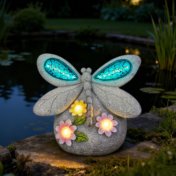 Dragonfly Garden Decor with Solar Cracked Glass Wings & Flower Lights