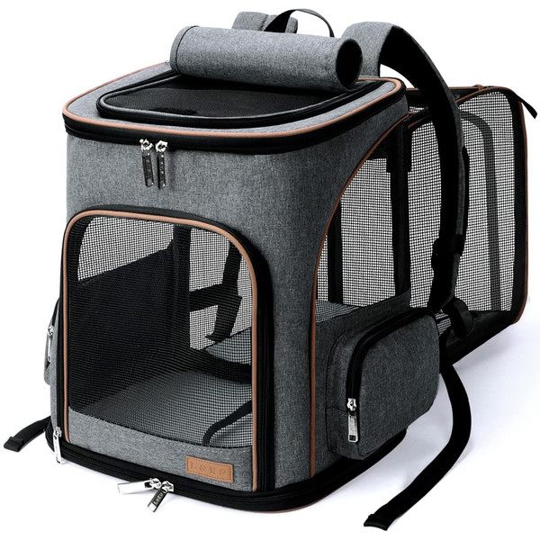Lekereise Pet Carrier Backpack Expandable Cat Backpack Carrier for Small Dogs Large Cats Puppies, Dog Backpack Carrier for Hiking Travel Outdoor Hold Pets Up to 20 25 Lbs, Grey