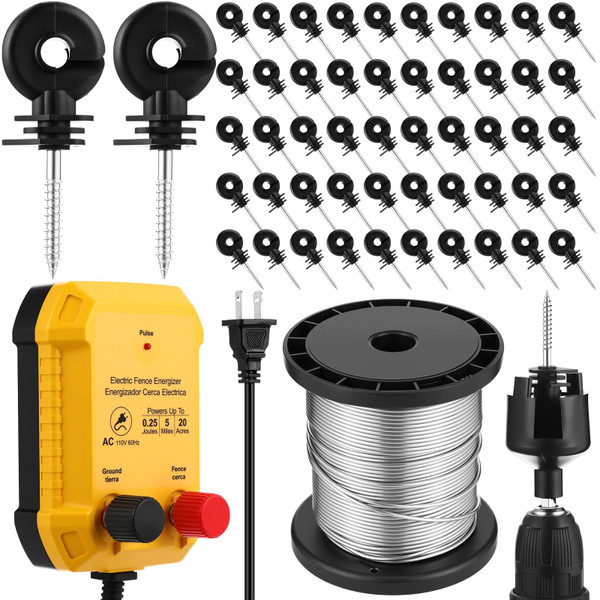 MorningRo Electric Fence Charger Kit 0.25J 5 Mile 50 Insulators 250ft Wire