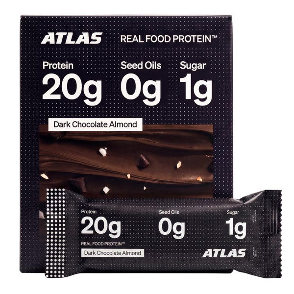 Atlas Real Food High Protein Bars – 20g Protein, 12g Fiber, 1g Sugar, Clean Ingredients, No Added Sugar, No Seed Oils, No Artificial Sweeteners (Dark Chocolate Almond, 12 Count)