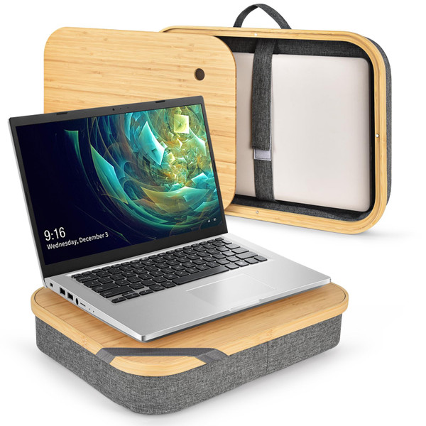 Mayjoy Bamboo Laptop Lap Desk with Storage, Removable Cover, Gray