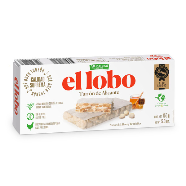 El Lobo Turron, Spanish Hard Almond Nougat (Turron Duro) 150 g (5.3 oz) | Traditional Spanish Almond Nougat, Made with Whole Almonds & Honey, Gluten Free.
