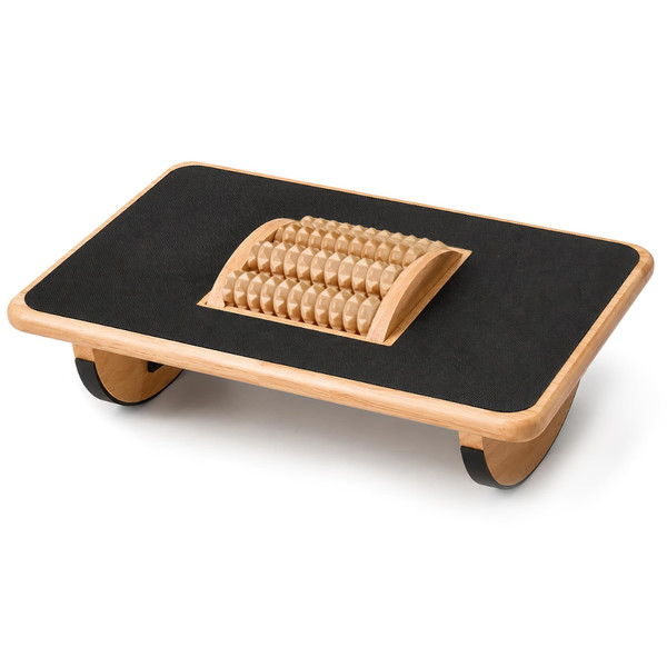 JLKCTHH Foldable Under Desk Foot Rest, Wooden Rocking Footrest with 4 Massage Rollers, Natural Rubber Wood Ergonomic Foot Stool with Silicone Anti-Slip Surface, Office Home Study Footrest for Post