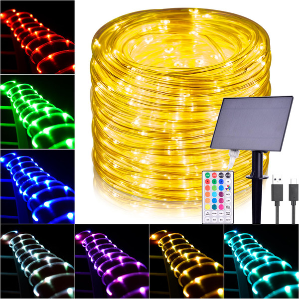 Solar Rope Lights Outdoor Waterproof 66Ft LED String Light with Remote