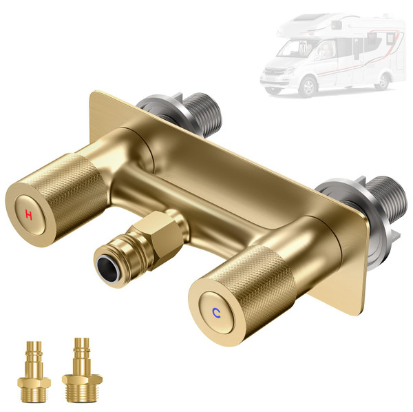 304 Stainless Steel 4" RV Outdoor Shower Valve Kit,Lead-Free Explosion-Proof Camper Shower Faucet,2-Way Quick Connect Diverter with Filter for Trailer Exterior,Brushed Gold,RVF01-BG