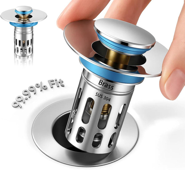 (All Metal) Bathroom Sink Stopper, Pop Up Drain Strainer for Bathroom Sink, Sink Plug Hair Catcher, Silent Popper Core w/Removable Filter Basket,Fit 1.05~2.0''Basin (Chrome, 1 Pack)