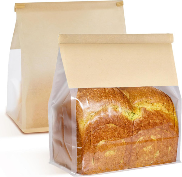 50 PCS Bakery Bags with Window - 9x4.3x11 Inch Large Bread Bags for Homemade & Sourdough Bread, Brown Paper Bread Bag with Tin Tie Tab Lock, Breads Storage for Homemade Bread Storage & Bake Sale