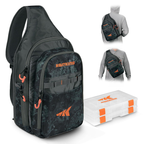 KastKing Pond Hopper Fishing Sling Tackle Storage Bag with 2 Tackle Boxes, Lightweight Sling Fishing Backpack-Sling Tool Bag for Fishing Hiking Hunting Camping,17.7X 12.6X 6 Inches