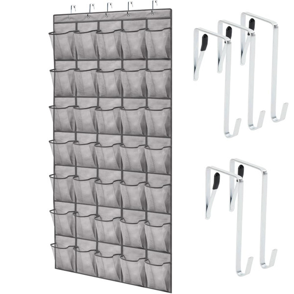 GORILLA GRIP Over the Door Shoe Organizer, 35 Large Breathable Mesh Pockets, Space Saving Hanging Storage Holder, 5 Hook Closet Rack Hanger, Hangs on Closets for Shoes, Accessories 68.5H x 24.5W Grey