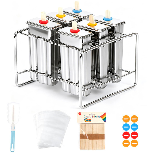 Popsicle Molds Set 6 Pieces Stainless Steel Ice Popsicle Maker, Homemade Popsicle Molds with 50 Sticks, 20 Bags, 14 Silicone Seals, 1 Cleaning Brush & 1 Stand, DIY Ice Pop Mold Maker for Kids (Square)