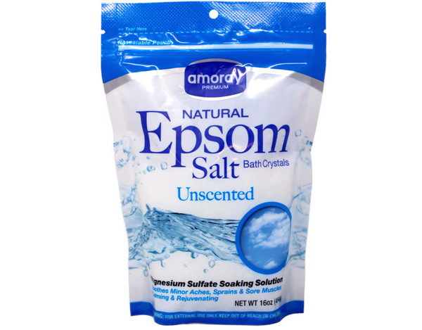 Amoray Premium Epsom Salt Bag Natural Bath Crystals, Magnesium Sulfate Soaking Solution, Unscented 16 oz