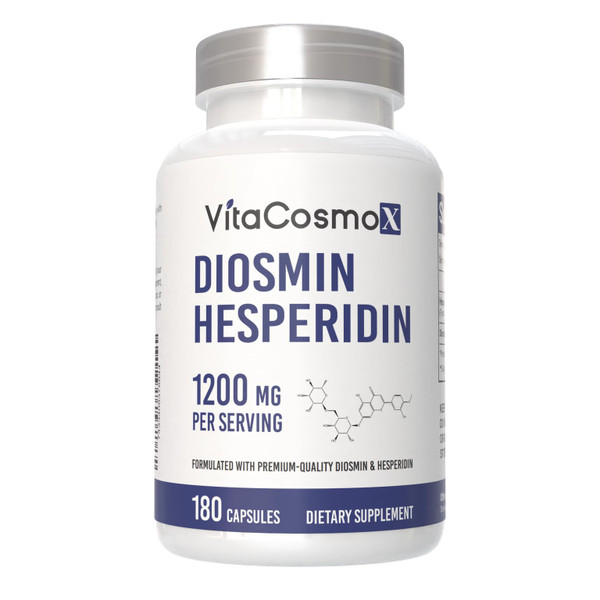 VitaCosmoX Diosmin Hesperidin 1200 mg Complex, 180 Capsules, Citrus Bioflavonoids Rich Fruit Extract, 100% Vegetarian, Non-GMO & Gluten Free Diosmin Supplement with Max Strength