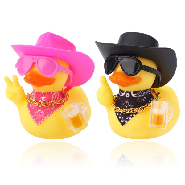 Fukaisu 2pcs Novelty Rubber Ducks, Cool Rubber Ducky with Sunglasses, Necklace, Cowboy Hat, Scarf Cute Car Decoration Accessory for Lovers Friends Family