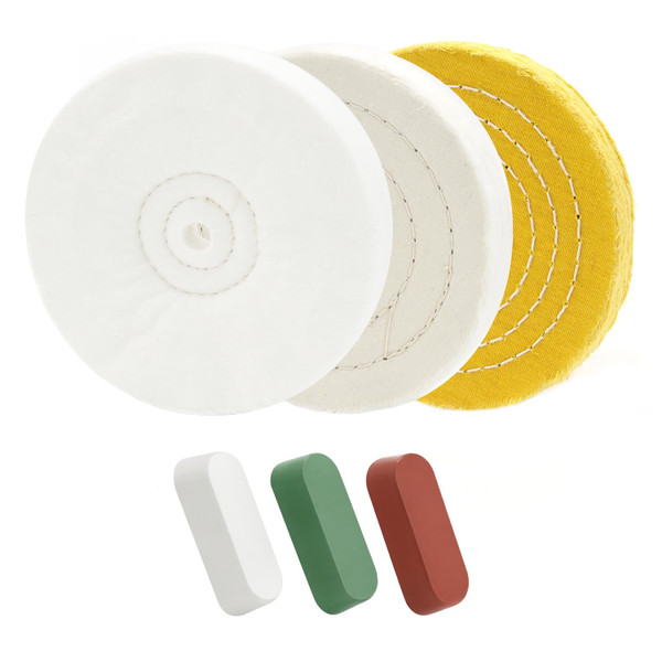 SCOTTCHEN 8inch Buffing Polishing Wheels 5/8" Arbor Hole,Soft/Fine/Medium for Bench Grinder-3PCS,with Buffing Polishing Cutting Compounds 7.4 Oz.Kit