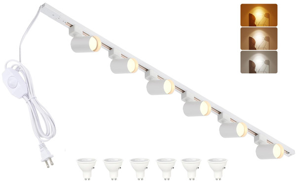 Hiiglxii 3-Color Plug in Track Lighting with Power Cord, 6-Light GU10 Dimmable Track Lighting Kit with Track Rail, Kitchen LED Track Lighting Fixtures Ceiling Wall Spot Light, 13FT Plug Cord, White
