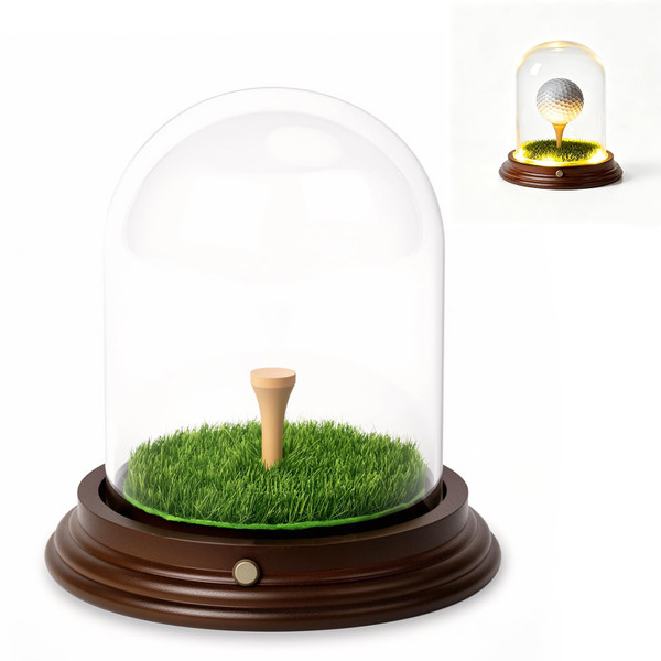 DarSeity Golf Ball Display Case with LED Lighting, Hole-in-One Golf Clear Glass Souvenir Stand with Wooden Base, Golf Ball Holder for Souvenirs & Collectibles (for 1 Golf Ball)