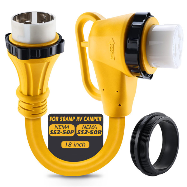 Patioer 50 Amp Dogbone RV Adapter Cord for Pressure Relief, Twist Lock Male Plug to 90-Degree Locking Female Receptacle, NEMA SS2-50P to SS2-50R, Yellow, 18 Inch