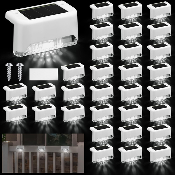 Geelin 32 Pcs Solar Deck Lights Outdoor, Waterproof LED Solar Step Fence Lights for Stairs, Step, Railing, Patio, Driveway, Garden, Pathway and Yard(White Shell Cool White Light)