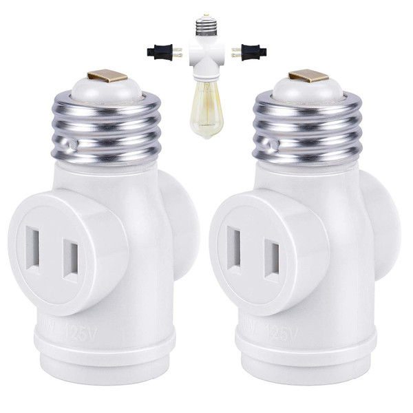 YCSSSD Light Socket to Plug Adapter, 2 Outlet Light Socket Adapter, Standard E26 Base Light Bulb to 2-Prong Outlet Plug Splitter Converter for Garage Porch CCTV Camera, 2 Pack, White