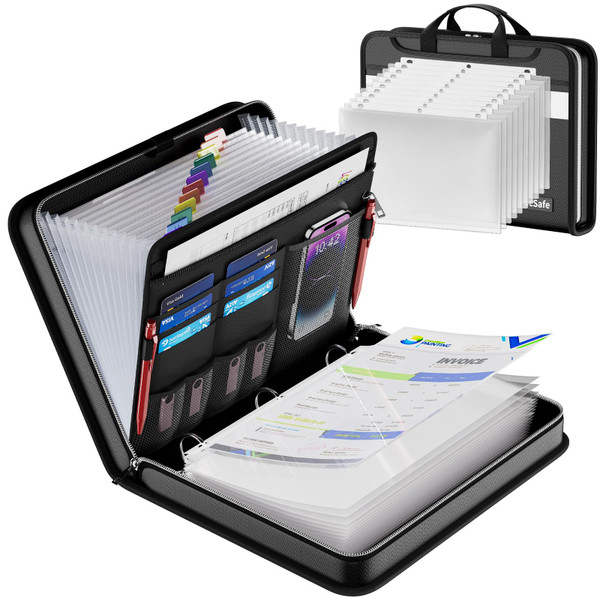 DocSafe File Organizer Zipper Binder with 30 Sheet Protector,Fireproof Accordion 12-Tab Expanding File Folder with Multiple Pockets,Home School Office Safe Storage for Documents,1.5-Inch O-Ring,Black
