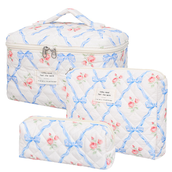 SXS LACONIC Quilted Makeup Bag,Large Cosmetics Bag Set,Cotton Coquette Floral Make up Pouch,Travel Toiletry Bag for Women