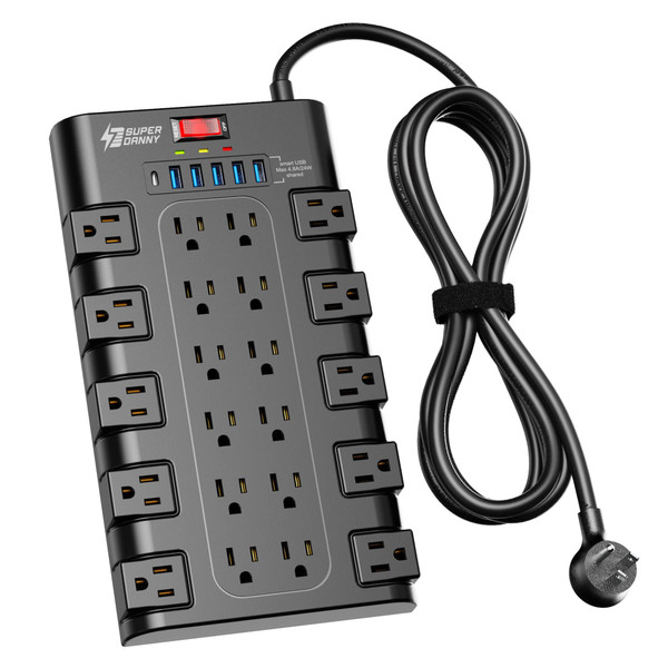 SUPERDANNY Power Strip Surge Protector, 22 AC 6 USB, 2100J, 6.5Ft,1875W/15A