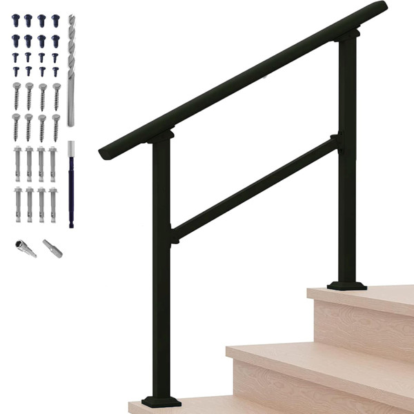 Hand Rails for Outdoor Steps，Stair Handrail & Indoor Stair Railing Kit，Railings for Outdoor Steps for Fence & Outdoor Steps (1, Black-Straight, 3 Step)