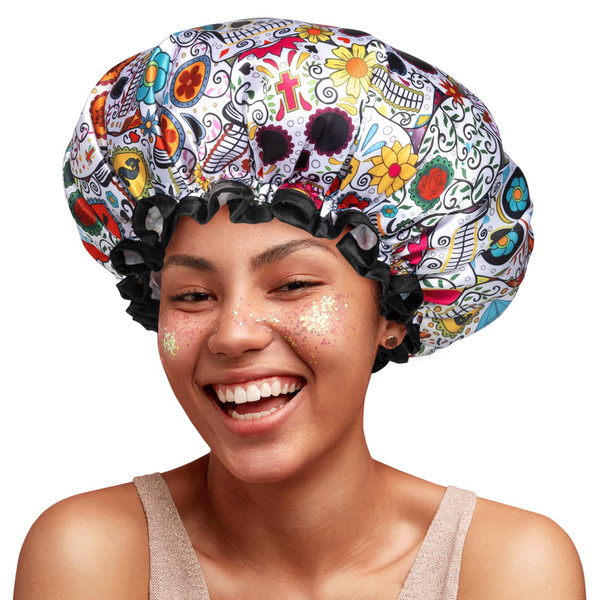mikimini Shower Cap for Women, Large Hair Cap for Long Hair, Sugar Skull