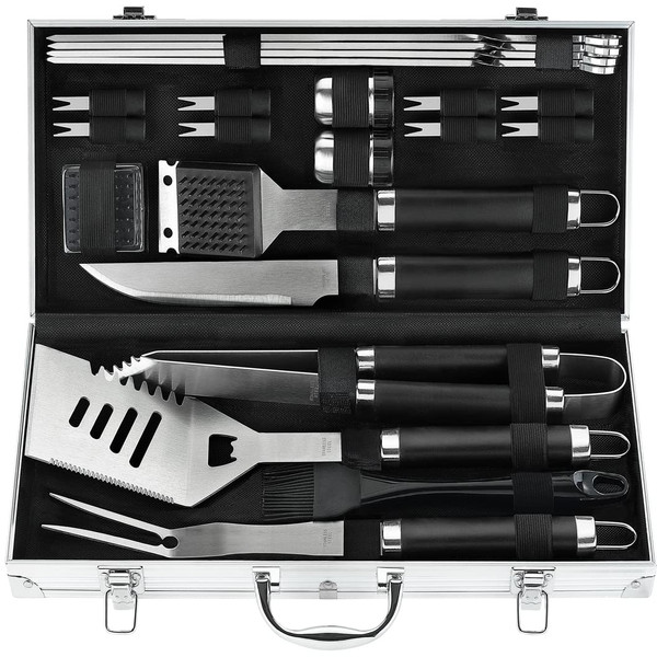 POLIGO 22PCS Heavy Duty BBQ Grill Accessories Set, Non-Slip Grill Tools for Outdoor Grill Set Stainless Steel Grill Utensils Set, Deluxe Grilling Tools Set in Aluminum Case Ideal Gifts for Men Black
