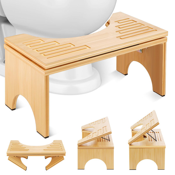 Zioffiel Foldable Toilet Stool 7.1 Inches Adjustable Height Bamboo Potty Stool for Adults with Built-in Bracket, Wooden Toilet Foot Step Stool for Bathroom, Better Posture & Digestion