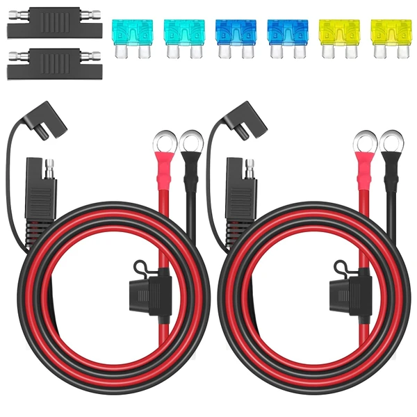 Linkstyle 2PCS SAE to O Ring Terminal Harness, 2FT 10AWG SAE Battery Connector, 2Pin Quick Disconnect SAE Battery Extension Cord Cable with 15A/20A/30A Fuses for Solar Panel Motorcycle, Car, RV
