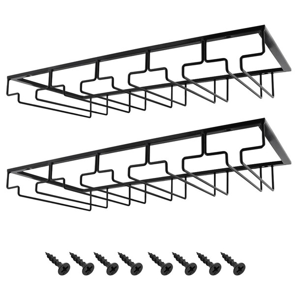 MOCOUM Wine Glasses Rack Under Cabinet Stemware Rack,Wine Glass Hanger Rack Wire Wine Glass Holder Storage Hanger for Cabinet Kitchen Bar (Black, 5 Rows 2 Pack)