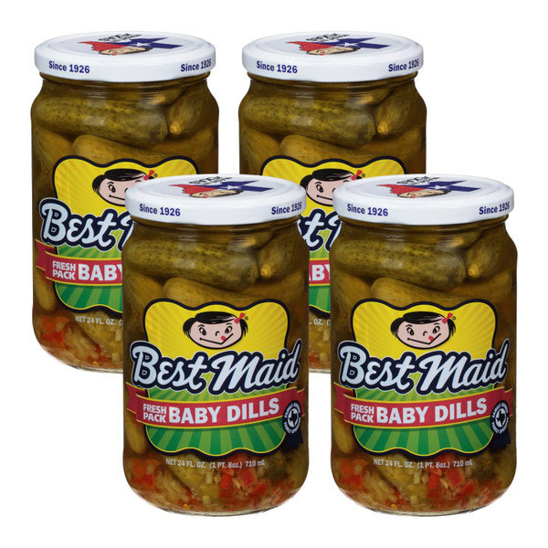Best Maid Products - 24 Ounce Glass Jars Baby - Dill, Kosher, Hamburger Slices, Garlic Bites, Habanero Chips, & Xtreme Hot Pickles (4 Pack, Baby Dill)