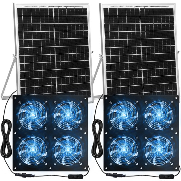 Solar Powered Fan 11.8" Greenhouse Exhaust Fan Solar 4 Fan Kit 25W Solar Panel Powered Exhaust Fan with Aluminum Bracket for Attic, Shed, Barn, Dog House, DIY Cooling Ventilation Project(2 Set)