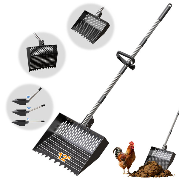 12-Inch 2-in-1 Chicken Poop Scooper & Rake, Chicken Coop Scoop with Adjustable Stainless Steel Handle （24–64"）, 3 Angles & 2 Sifting Holes, Litter Scoop Sand Sifting Shovel Pooper Scooper (Black)