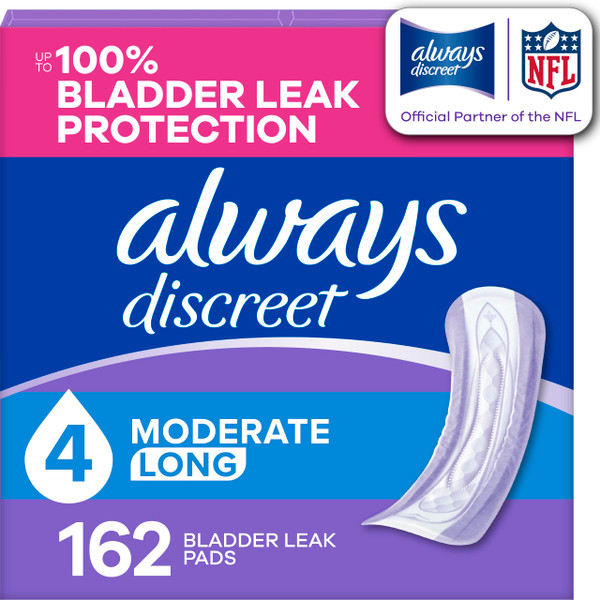 Always Discreet Adult Incontinence Pads for Women, Drier, 4 Drop Long Length, Moderate Absorbency, Pads for Bladder Control Management, Bladder Leaks, & Postpartum Pads, 162ct
