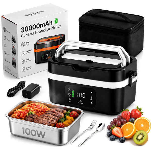 ASBRAVO Cordless Heated Lunch Box 30000mAh, 100W Fast & Auto Heat, 5.7-Cup
