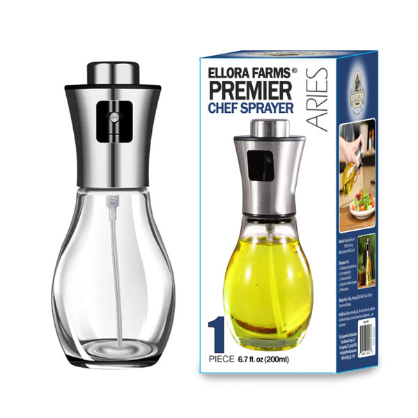 Ellora Farms, Aries Chef Premium Oil, Vinegar Mister or Sprayer, 200 ml (6.8 oz) Glass Spray Bottle with Stainless Steel top and Funnel, Pack of 1
