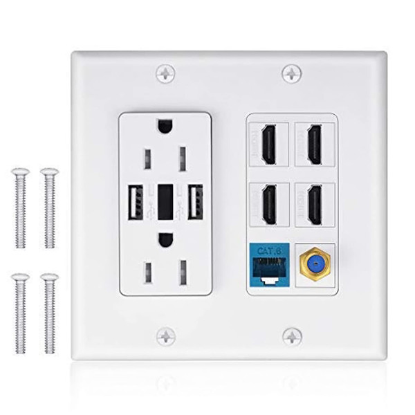 2 Power Outlet 15A with Dual 2.4A USB Charger Port Wall Plate with LED Lighting, IQIAN 4 HDMI HDTV + 1 CAT6 RJ45 Ethernet + Coaxial Cable TV F Type Keystone Face Plate White