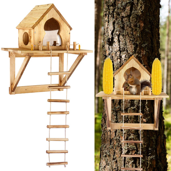 Dmnnlp Squirrel House Squirrel Feeder with Ladder for Outdoors, Pine Wood, Wall and Tree Mounted, Hanging for Backyard Garden, Gifts for Squirrel Lovers (17.3x8.7X 9.85 Inch)