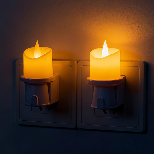 Lystaii Flameless Candle Night Lights 2 Pack Night Lights with Light Sensor 0-100LM Dimmable Plug into Wall Candle Nightlight for Vintage Decorative Home Safety Dinning Room Living Room Bathroom